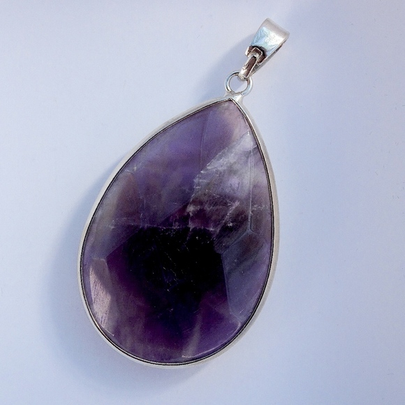Boho Faceted Teardrop Genuine Amethyst Gemstone Statement Pendant - Picture 3 of 7